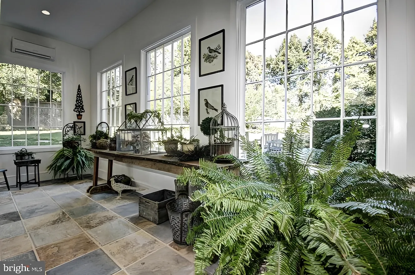 Bright sunroom with plants and large windows.