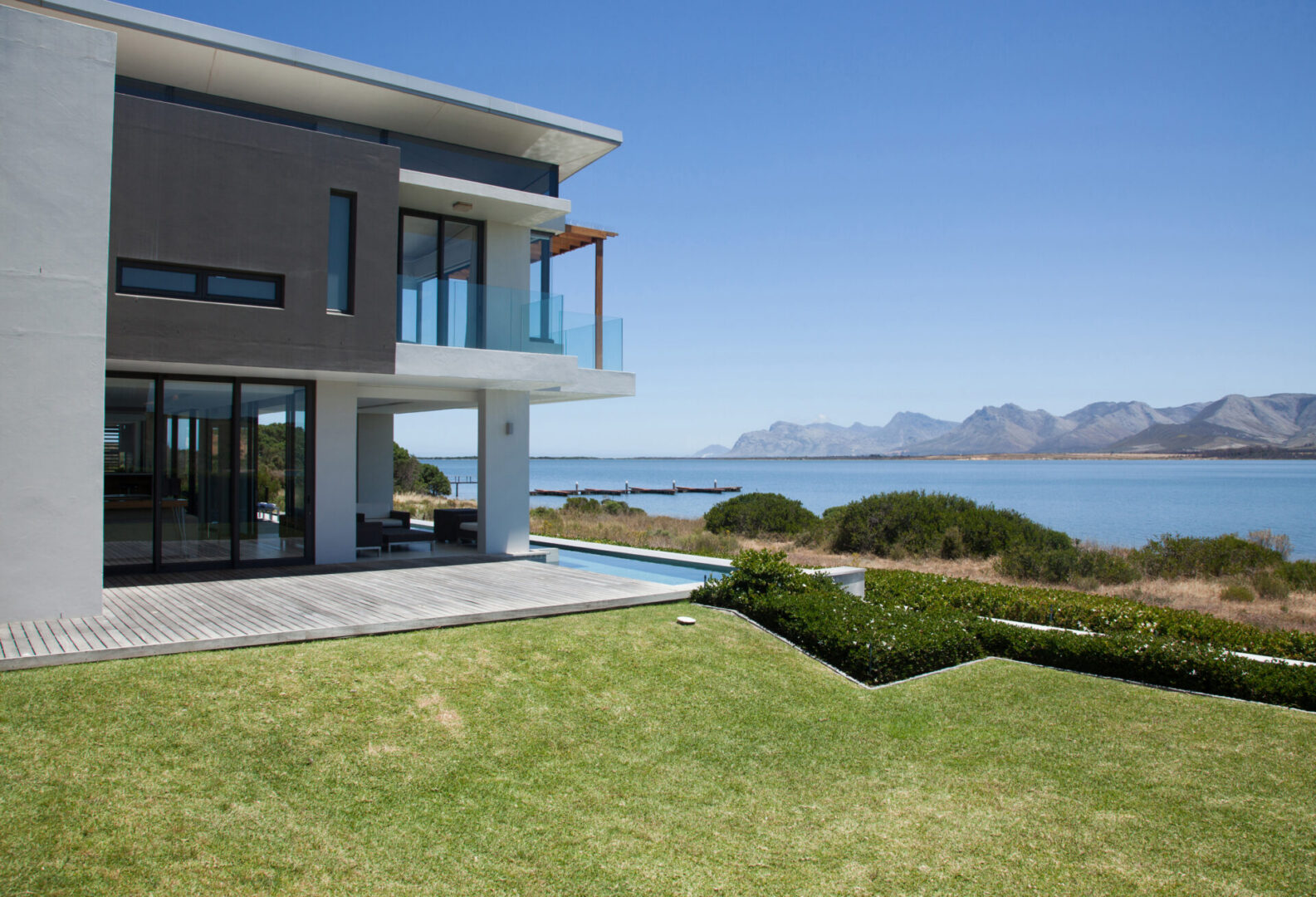 View of lake from modern house